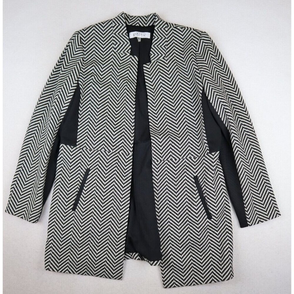 KASPER - WOMEN'S BLACK & WHITE GEOMETRIC PRINT OPEN BLAZER JACKET - SIZE 8P